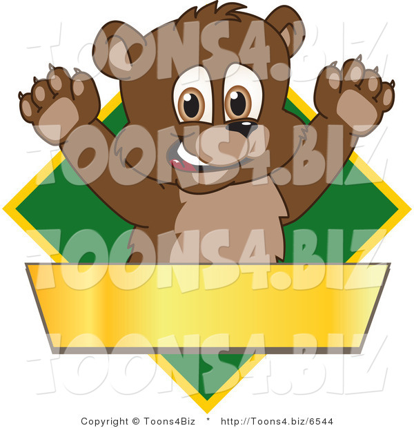Vector Illustration of a Cartoon Bear Mascot Logo over a Green Diamond and Blank Gold Banner
