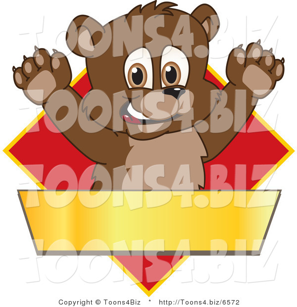 Vector Illustration of a Cartoon Bear Mascot Logo over a Red Diamond and Blank Gold Banner