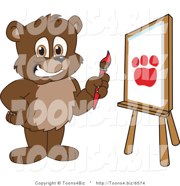 Vector Illustration of a Cartoon Bear Mascot Painting a Paw Print on Canvas