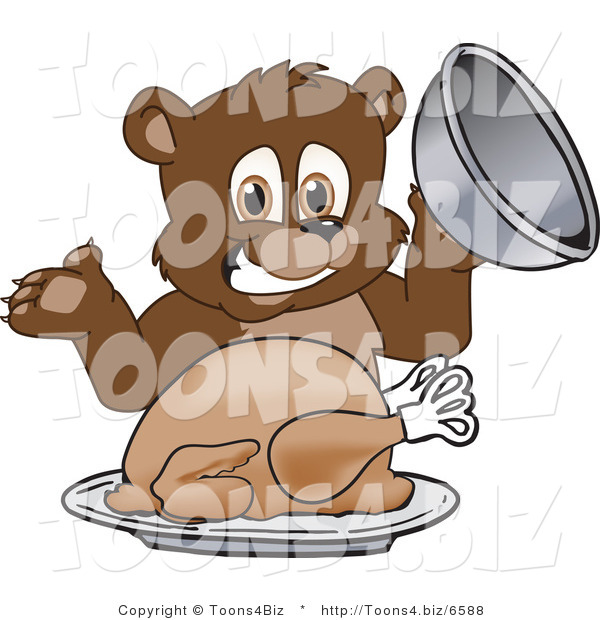 Vector Illustration of a Cartoon Bear Mascot Serving a Thanksgiving Turkey