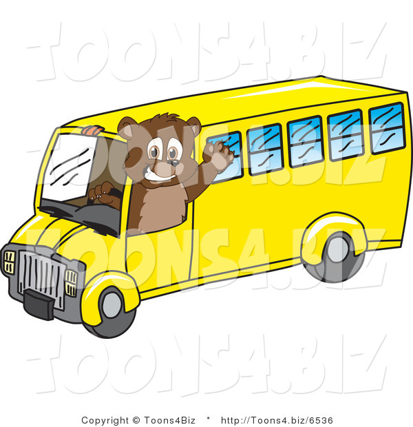 Vector Illustration of a Cartoon Bear Mascot Waving and Driving a School Bus