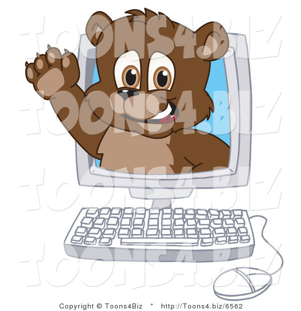 Vector Illustration of a Cartoon Bear Mascot Waving in a Computer Screen