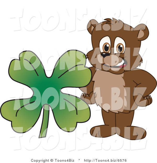 Vector Illustration of a Cartoon Bear Mascot with a Four Leaf Clover
