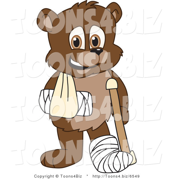 Vector Illustration of a Cartoon Bear Mascot with a Sling, Cast and Crutch