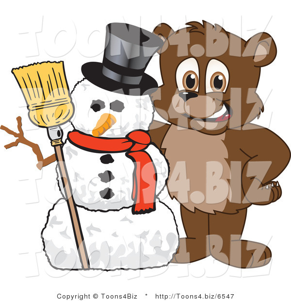 Vector Illustration of a Cartoon Bear Mascot with a Snowman