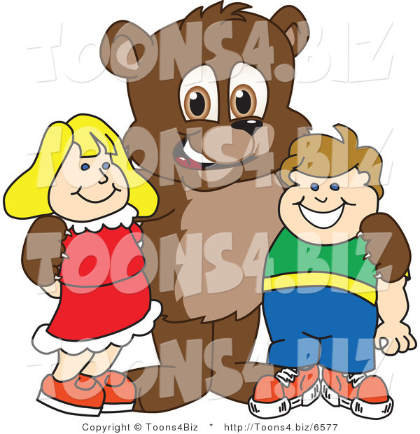 Vector Illustration of a Cartoon Bear Mascot with Students