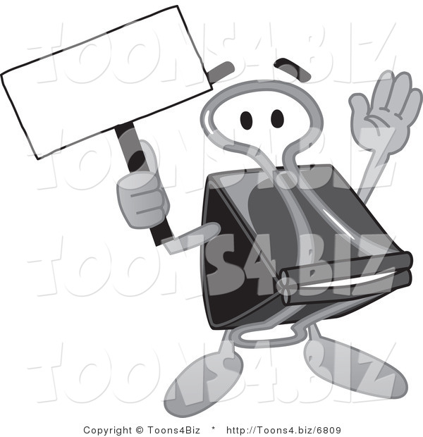 Vector Illustration of a Cartoon Binder Clip Mascot Holding a Blank Sign