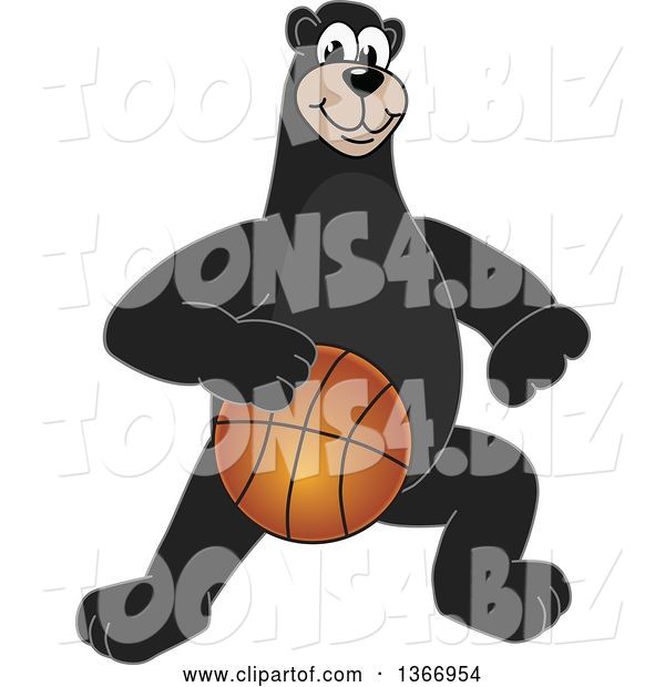 Vector Illustration of a Cartoon Black Bear School Mascot Dribbling a Basketball