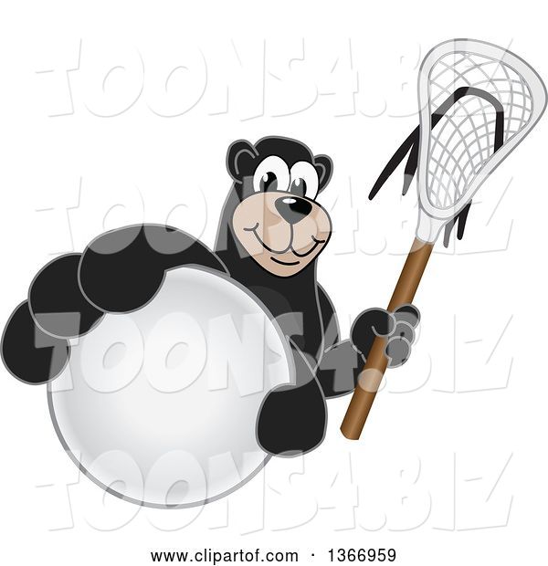 Vector Illustration of a Cartoon Black Bear School Mascot Grabbing a Ball and Holding a Lacrosse Stick