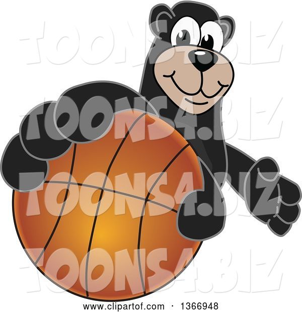 Vector Illustration of a Cartoon Black Bear School Mascot Grabbing a Basketball