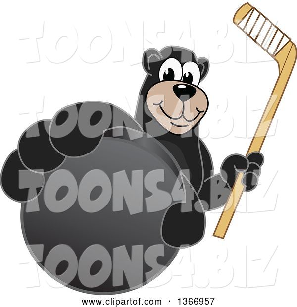 Vector Illustration of a Cartoon Black Bear School Mascot Grabbing a Puck and Holding a Hockey Stick
