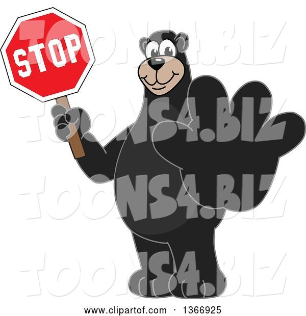 Vector Illustration of a Cartoon Black Bear School Mascot Holding out a Paw and a Stop Sign
