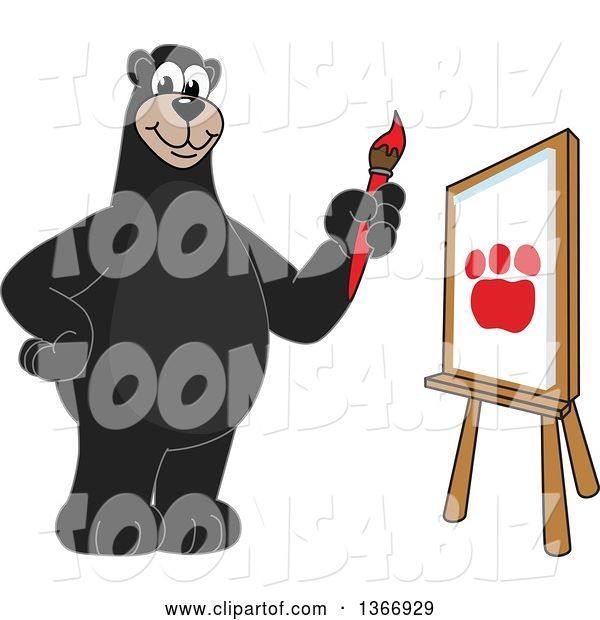 Vector Illustration of a Cartoon Black Bear School Mascot Painting a Paw Print on Canvas