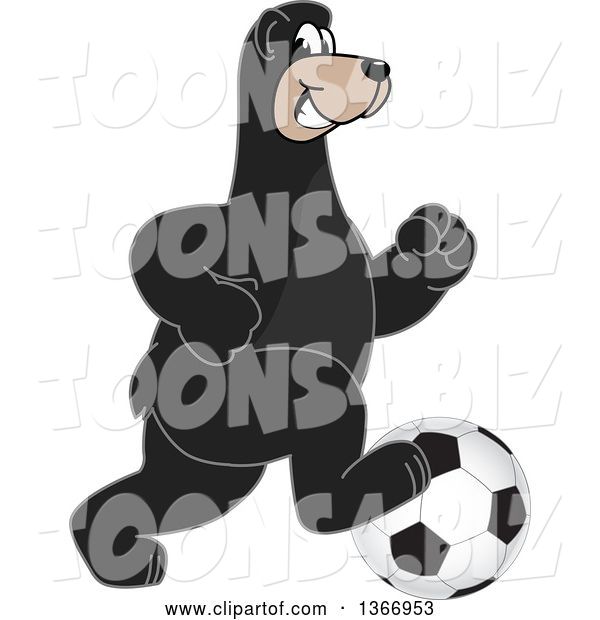 Vector Illustration of a Cartoon Black Bear School Mascot Playing Soccer