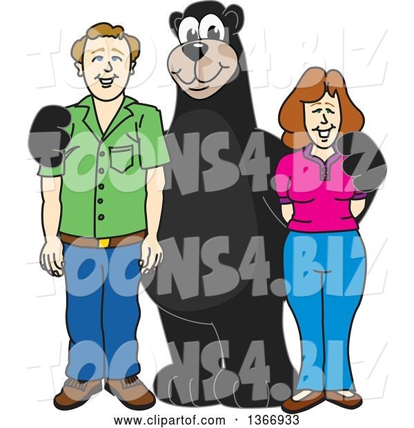 Vector Illustration of a Cartoon Black Bear School Mascot Posing with Parents of Students