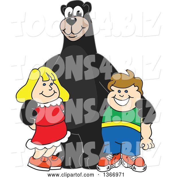 Vector Illustration of a Cartoon Black Bear School Mascot Posing with Students
