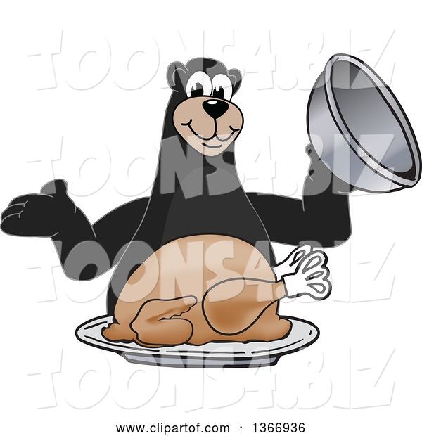 Vector Illustration of a Cartoon Black Bear School Mascot Serving a Roasted Thanksgiving Turkey
