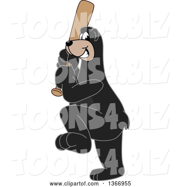 Vector Illustration of a Cartoon Black Bear School Mascot Swinging a Baseball Bat