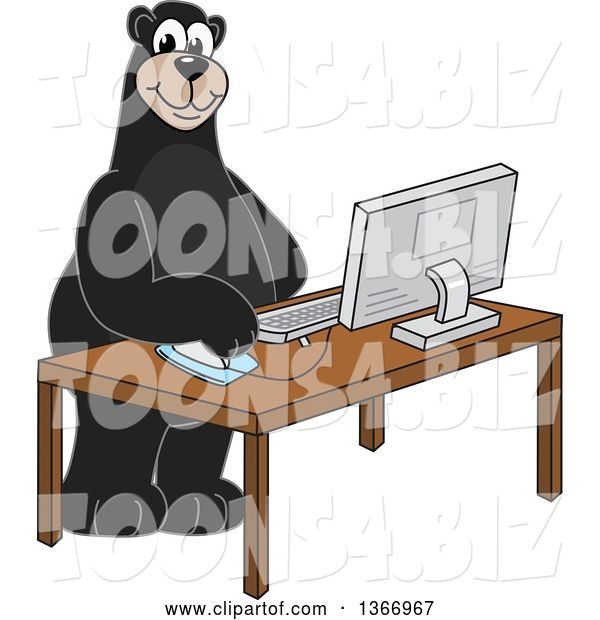 Vector Illustration of a Cartoon Black Bear School Mascot Using a Desktop Computer