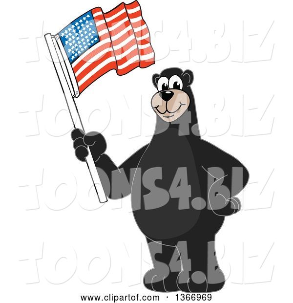 Vector Illustration of a Cartoon Black Bear School Mascot Waving an American Flag