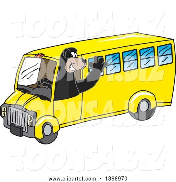 Vector Illustration of a Cartoon Black Bear School Mascot Waving and Driving a School Bus