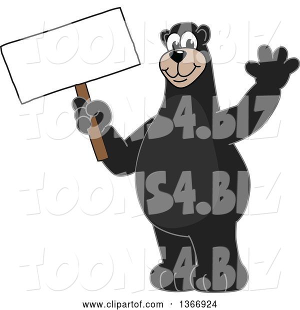 Vector Illustration of a Cartoon Black Bear School Mascot Waving and Holding a Blank Sign