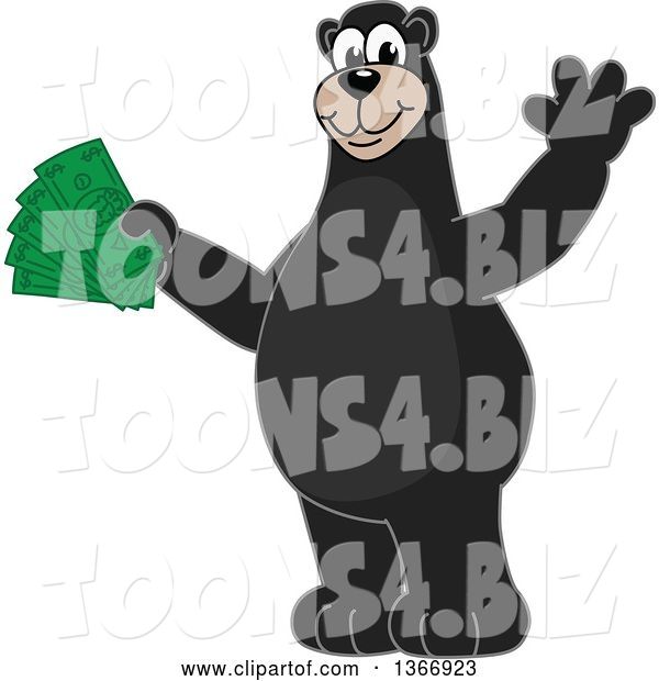 Vector Illustration of a Cartoon Black Bear School Mascot Waving and Holding Cash Money
