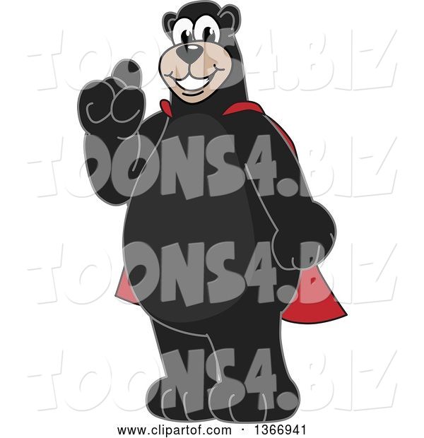 Vector Illustration of a Cartoon Black Bear School Mascot Wearing a Super Hero Cape, Holding up a Finger