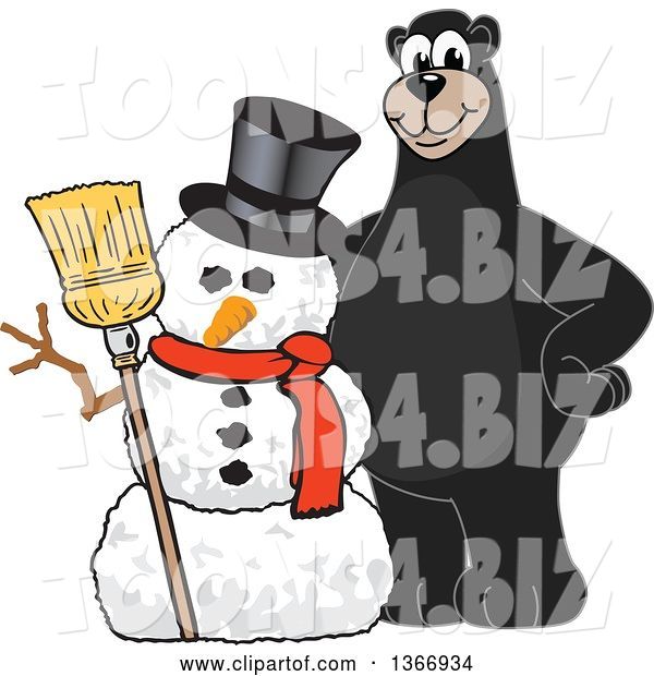 Vector Illustration of a Cartoon Black Bear School Mascot with a Christmas Snowman