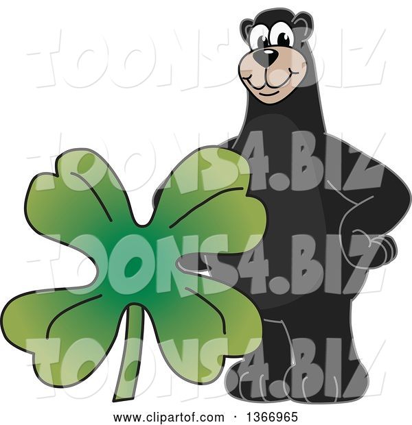 Vector Illustration of a Cartoon Black Bear School Mascot with a Four Leaf St Patricks Day Clover