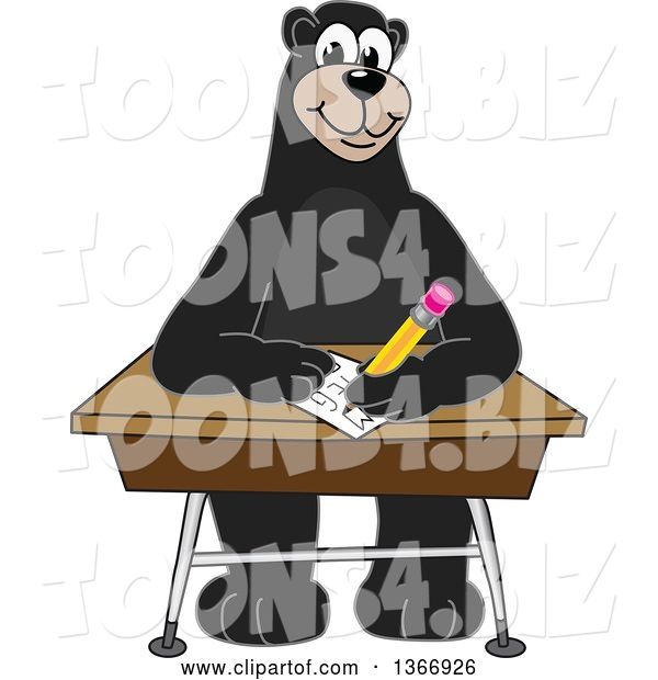 Vector Illustration of a Cartoon Black Bear School Mascot Writing at a Desk