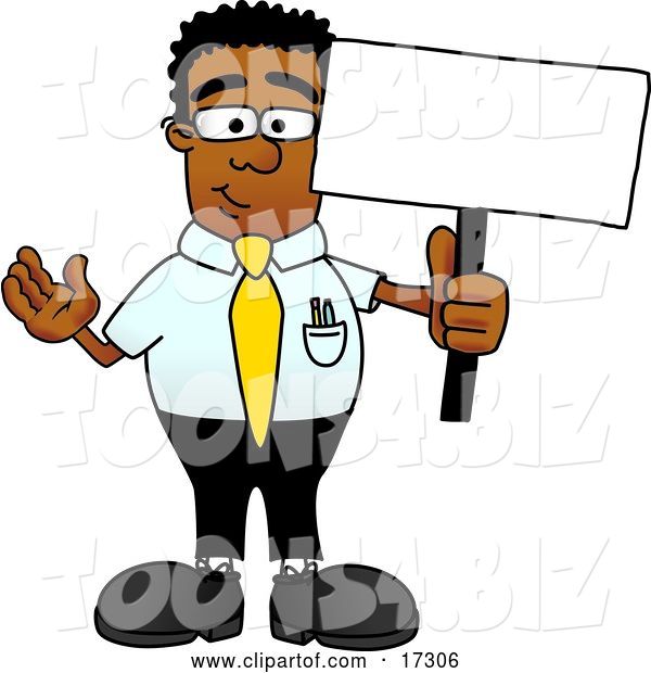 Vector Illustration of a Cartoon Black Business Man Mascot Holding a Blank Sign