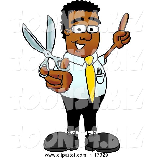 Vector Illustration of a Cartoon Black Business Man Mascot Holding a Pair of Scissors