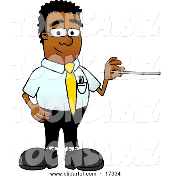 Vector Illustration of a Cartoon Black Business Man Mascot Holding a Pointer Stick