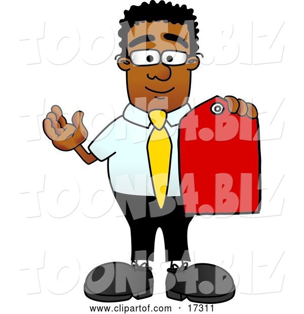 Vector Illustration of a Cartoon Black Business Man Mascot Holding a Red Sales Price Tag