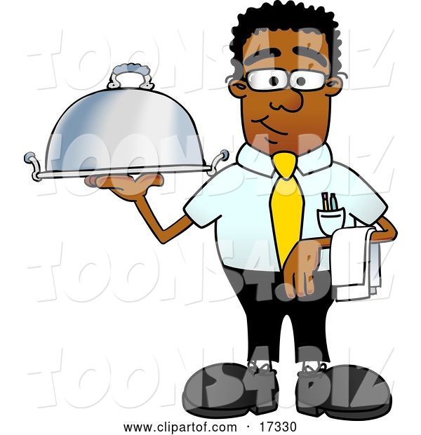 Vector Illustration of a Cartoon Black Business Man Mascot Holding a Serving Platter