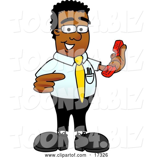 Vector Illustration of a Cartoon Black Business Man Mascot Holding a Telephone
