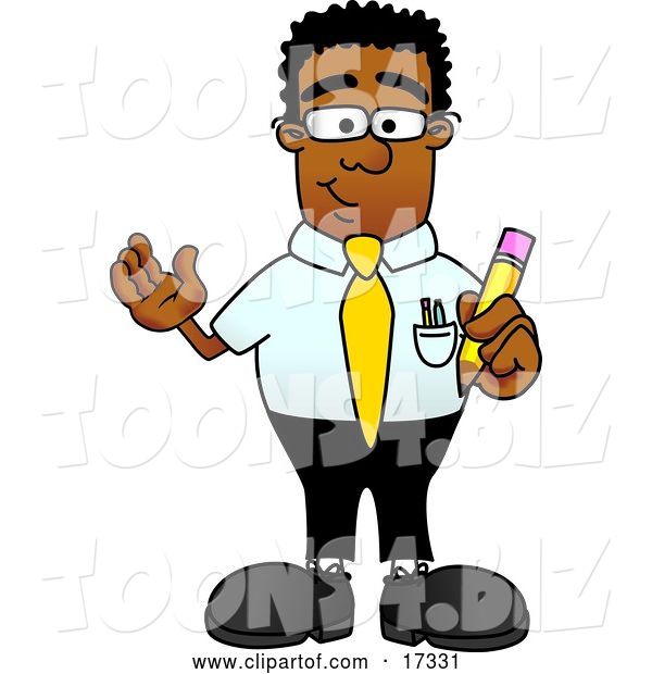 Vector Illustration of a Cartoon Black Business Man Mascot Holding a Yellow Pencil
