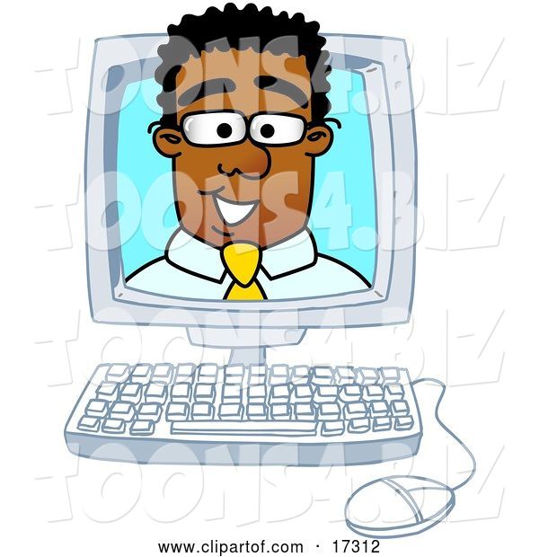 Vector Illustration of a Cartoon Black Business Man Mascot Looking out from Inside a Computer Screen