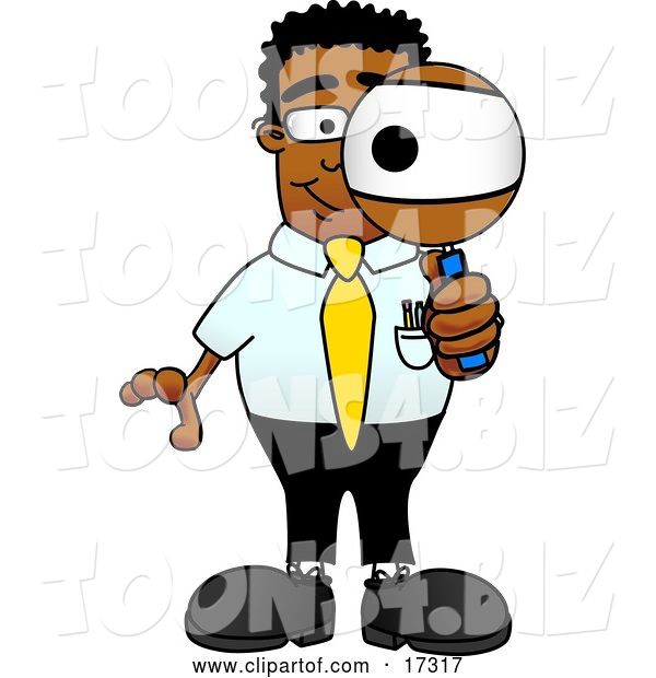 Vector Illustration of a Cartoon Black Business Man Mascot Looking Through a Magnifying Glass