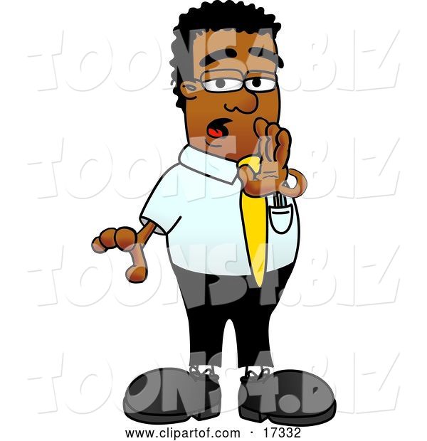 Vector Illustration of a Cartoon Black Business Man Mascot Whispering and Gossiping