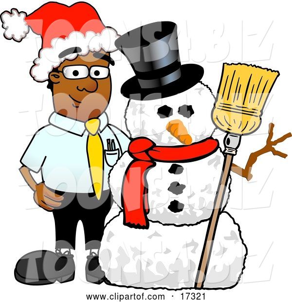 Vector Illustration of a Cartoon Black Business Man Mascot with a Snowman on Christmas