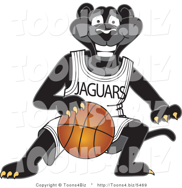 Vector Illustration of a Cartoon Black Jaguar Mascot Dribbling a Basketball