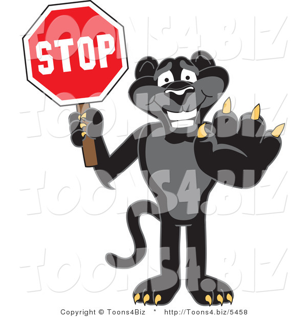 Vector Illustration of a Cartoon Black Jaguar Mascot Holding a Stop Sign