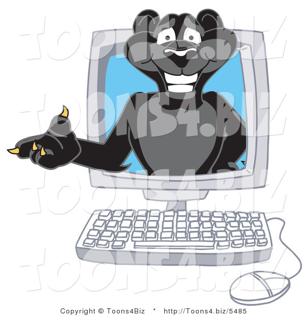 Vector Illustration of a Cartoon Black Jaguar Mascot in a Computer