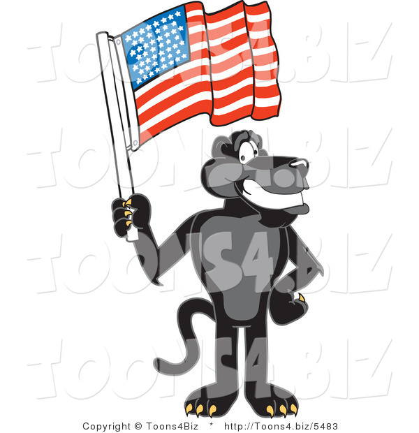 Vector Illustration of a Cartoon Black Jaguar Mascot Waving an American Flag