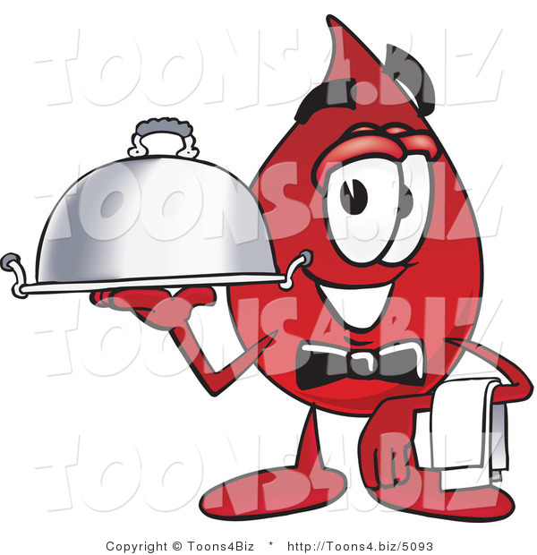 Vector Illustration of a Cartoon Blood Droplet Mascot Dressed As a Waiter and Holding a Serving Platter