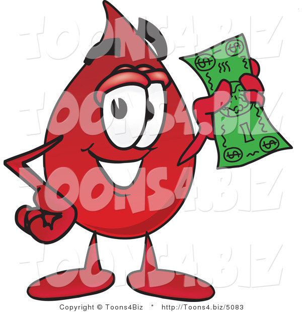 Vector Illustration of a Cartoon Blood Droplet Mascot Holding a Dollar Bill