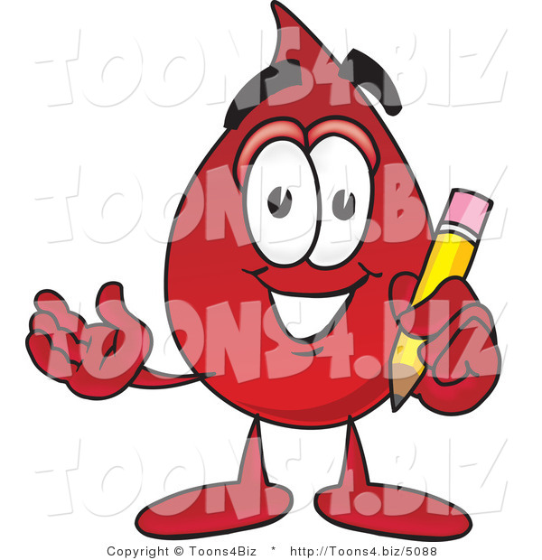 Vector Illustration of a Cartoon Blood Droplet Mascot Holding a Pencil