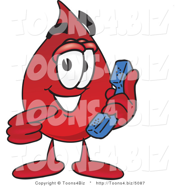 Vector Illustration of a Cartoon Blood Droplet Mascot Holding a Telephone